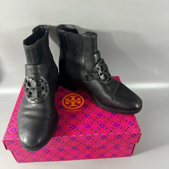 Tory Burch Miller Logo Medallion Black Leather Booties, Size 7 - Picture 1 of 12